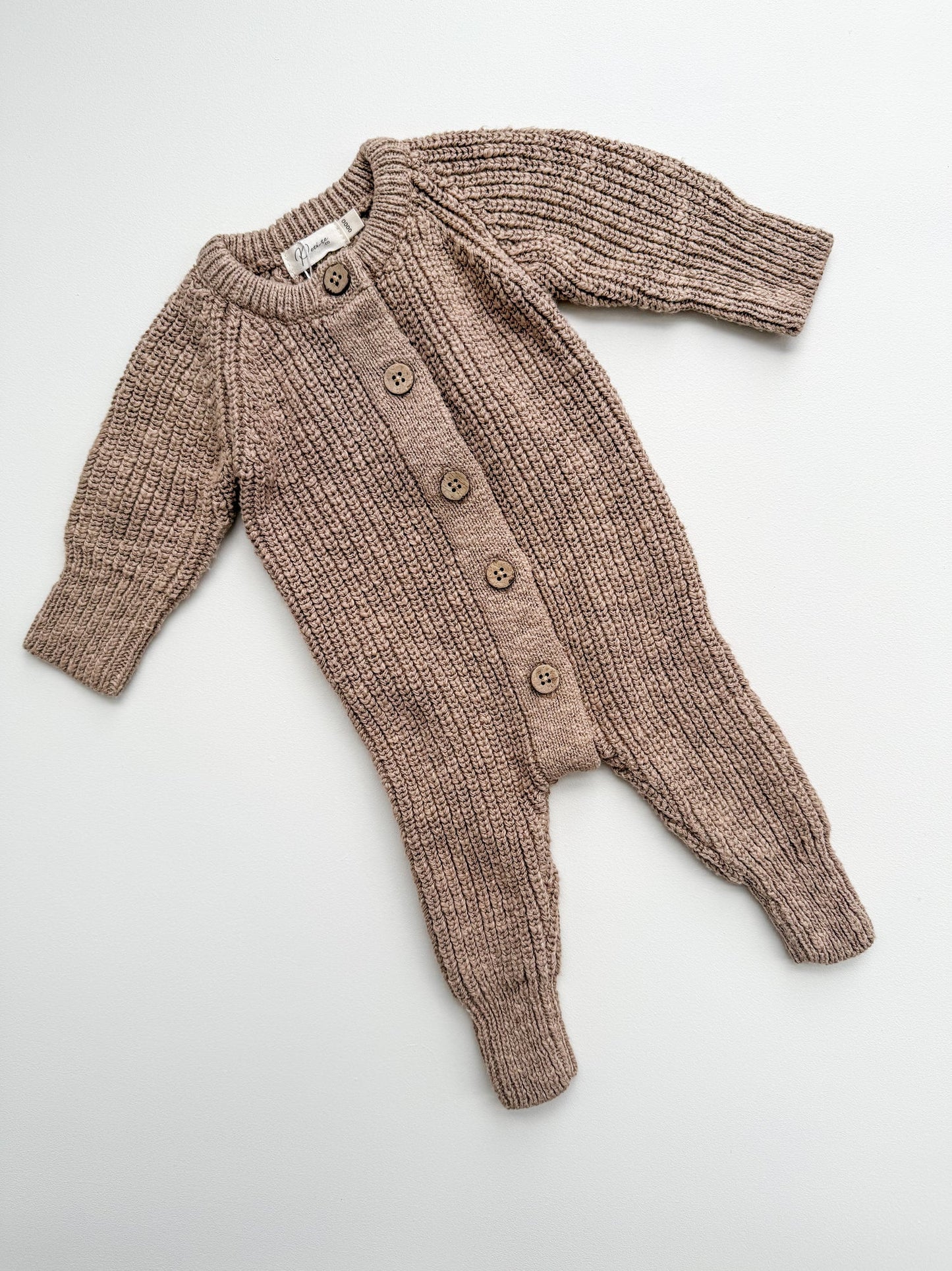 Petite + Co - Textured Cotton Long Romper - Brown