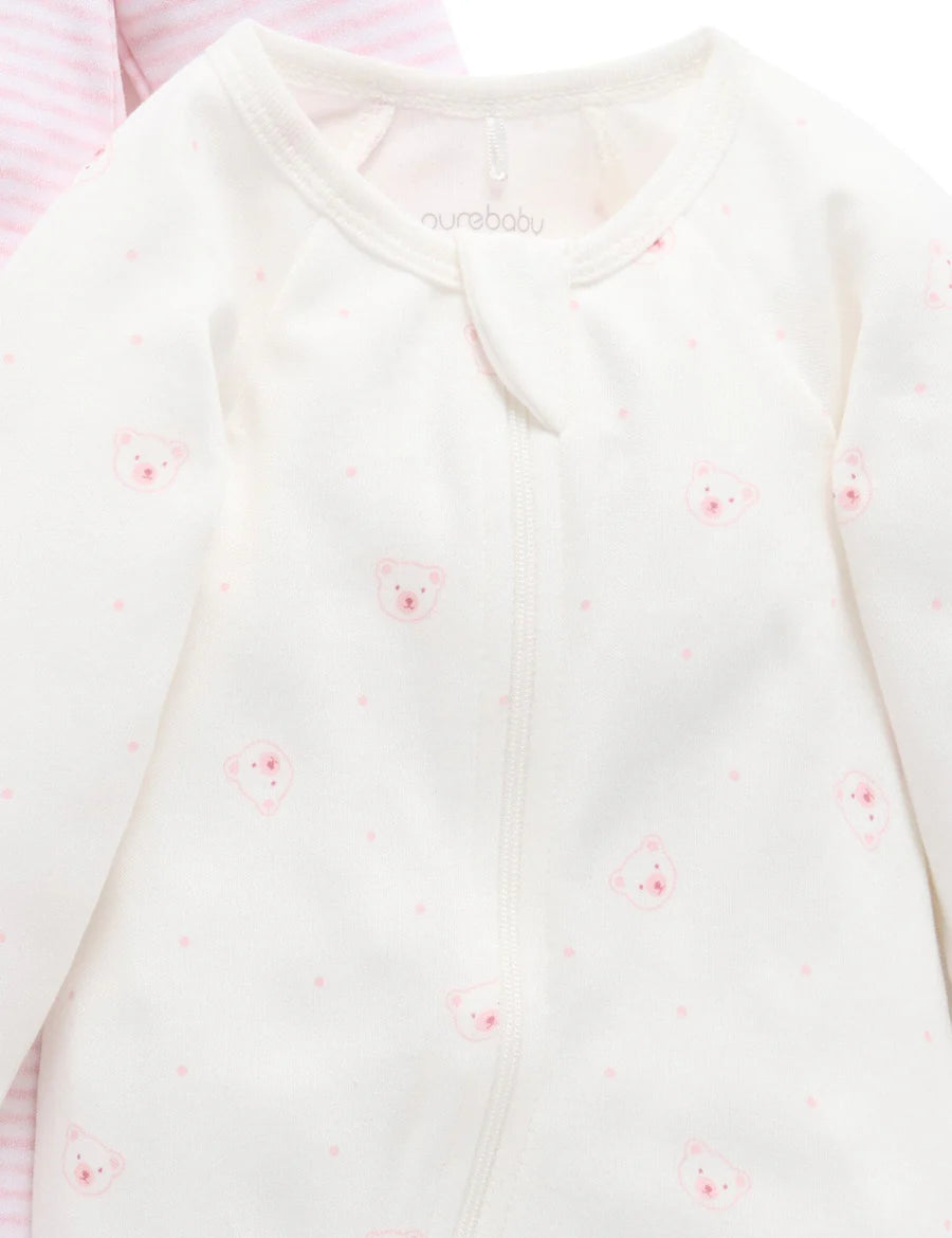 Purebaby - 2 Pack Bear Zip Growsuit - Pale Pink