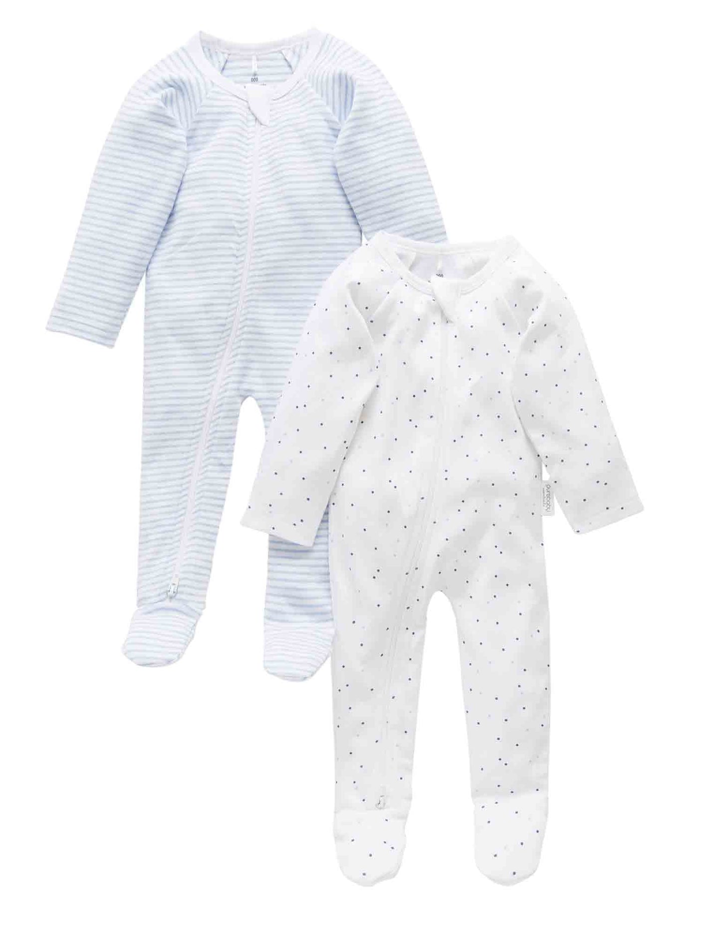 Purebaby - 2 Pack Zip grow suit - Pale Blue