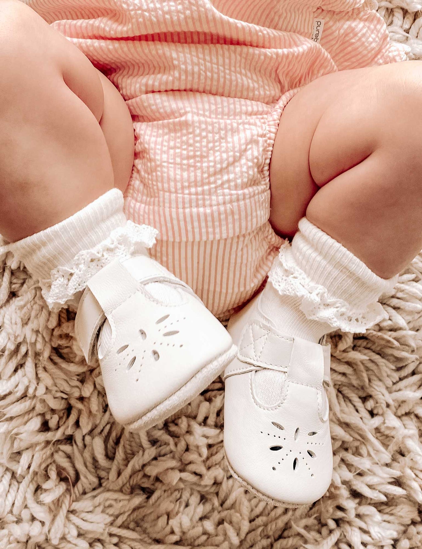 Purebaby - Leather Eyelet T-Bar - Vanilla