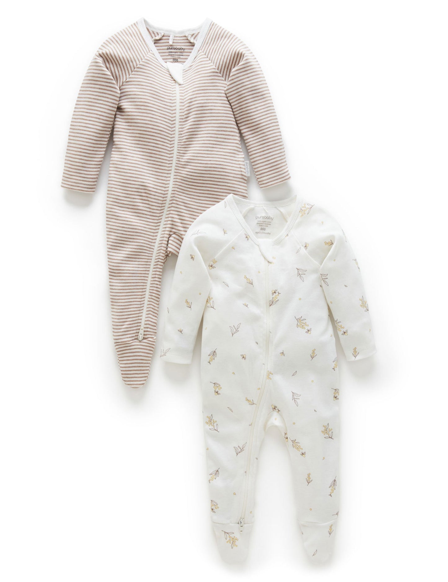 Purebaby - 2 Pack Zip Growsuit - Vanilla Wattle Bee