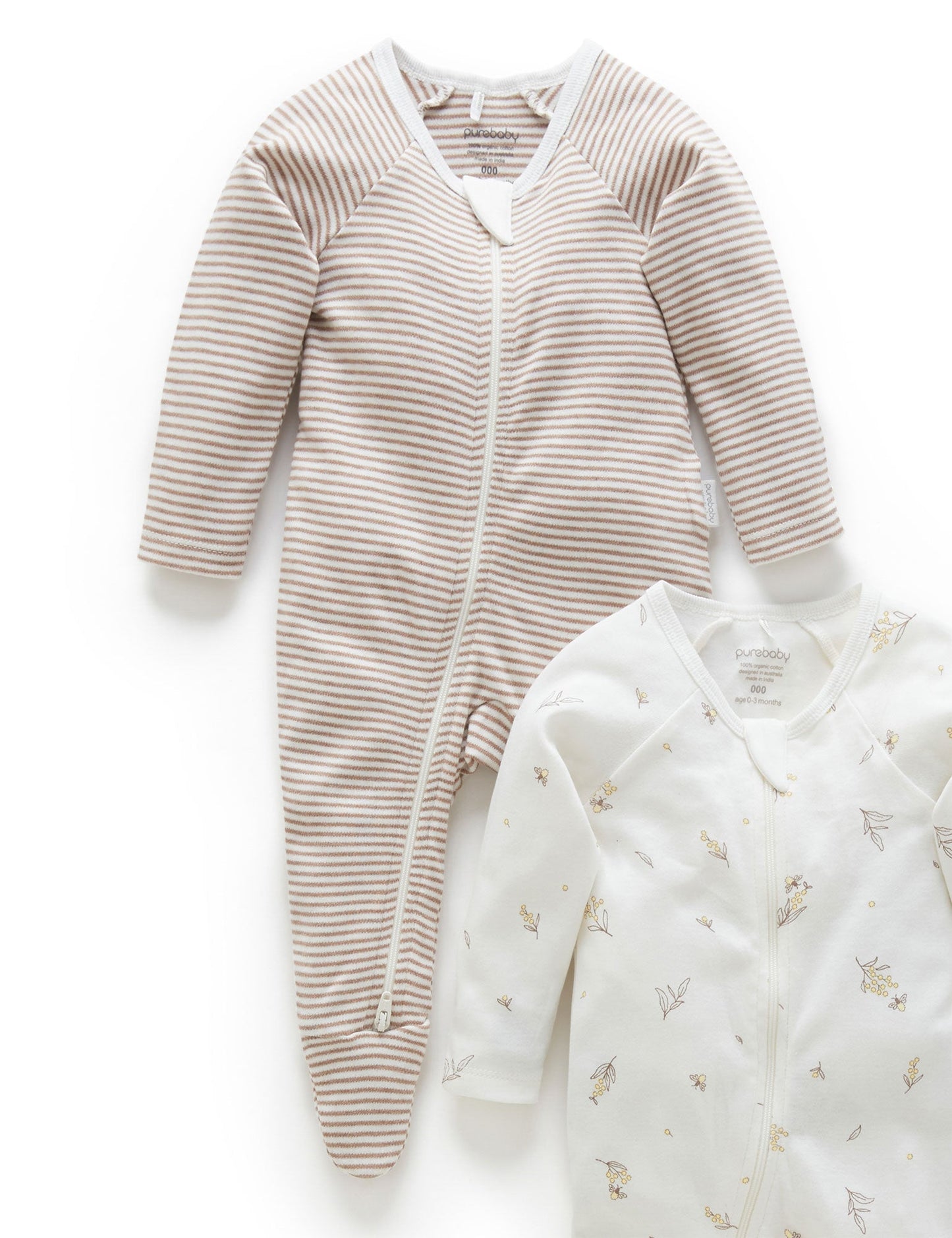 Purebaby - 2 Pack Zip Growsuit - Vanilla Wattle Bee