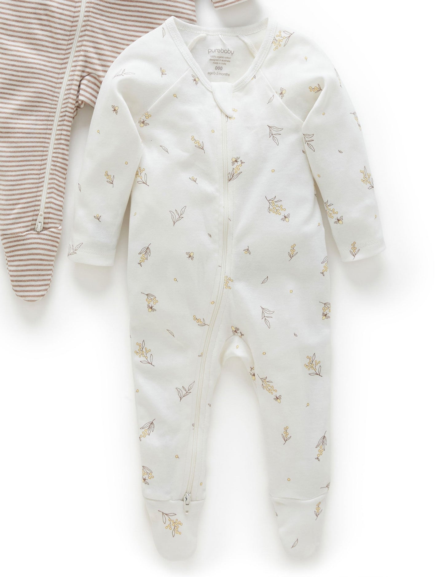 Purebaby - 2 Pack Zip Growsuit - Vanilla Wattle Bee