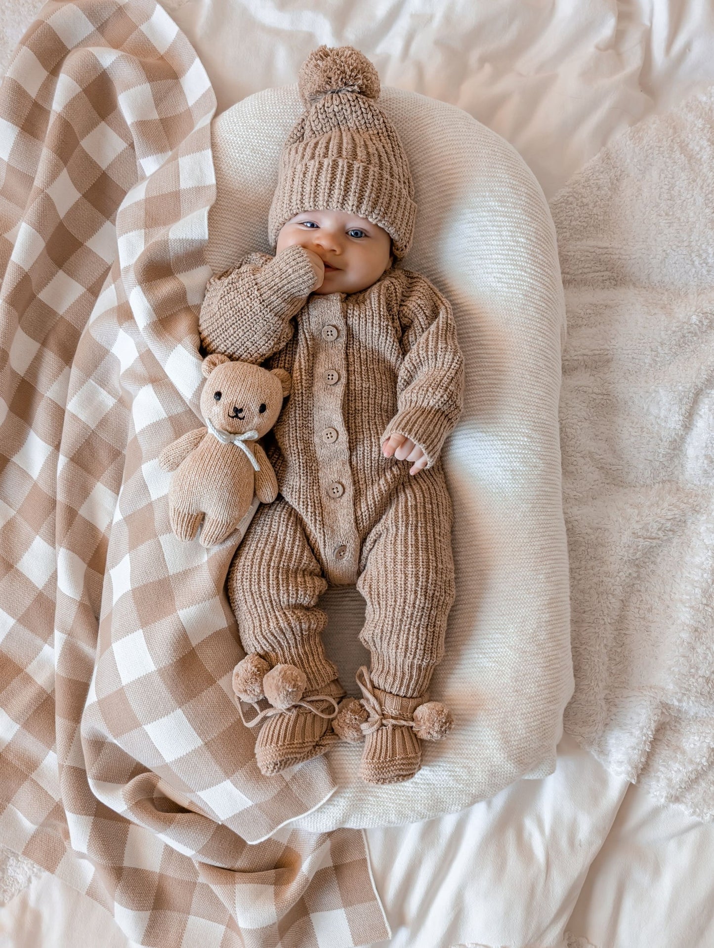 Petite + Co - Textured Cotton Long Romper - Brown