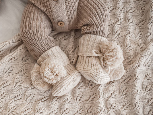 Little B's Nursery - Knitted Pom Pom Booties - Honey Milk