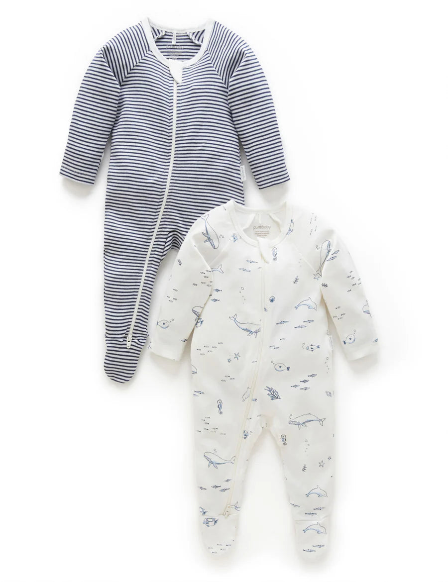 Purebaby - 2 Pack Zip Growsuit - Nautical