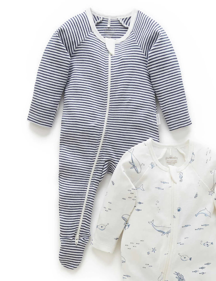 Purebaby - 2 Pack Zip Growsuit - Nautical