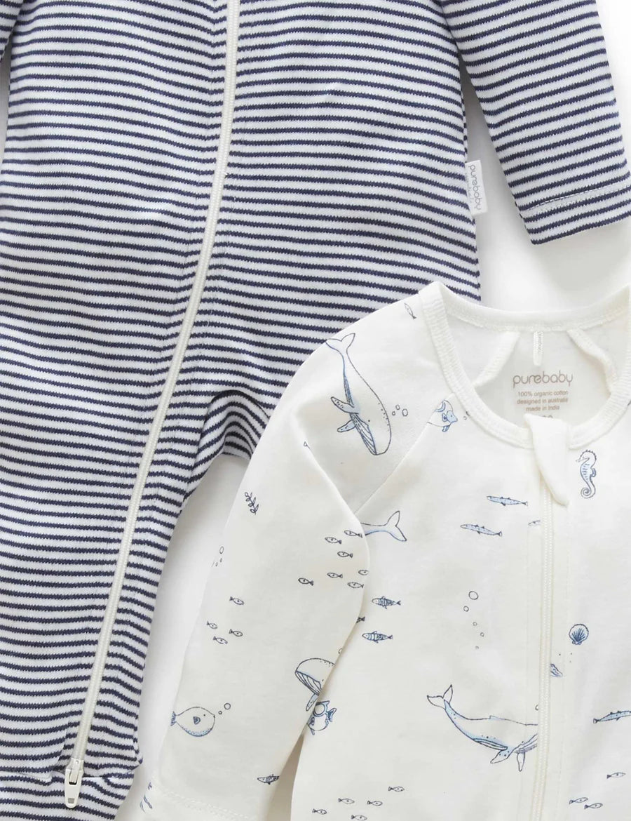 Purebaby - 2 Pack Zip Growsuit - Nautical