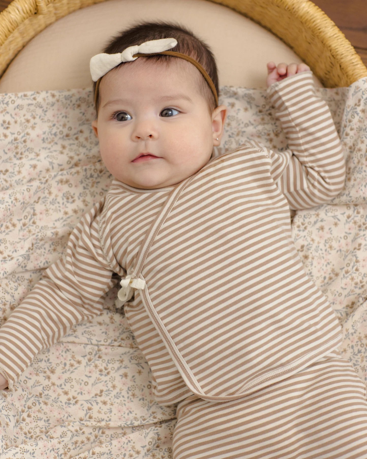 Quincy Mae - Wrap Top + Footed Pant Set - Almond Stripe