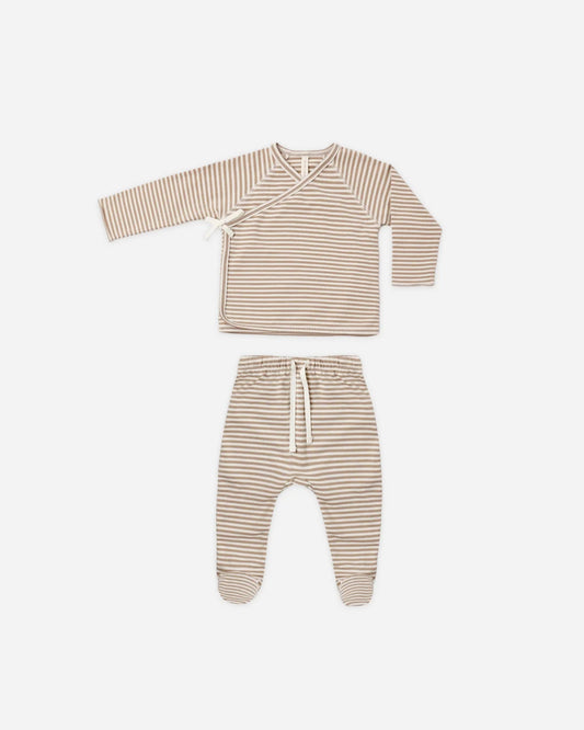Quincy Mae - Wrap Top + Footed Pant Set - Almond Stripe