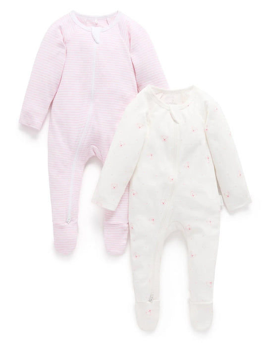 Purebaby - 2 Pack Bear Zip Growsuit - Pale Pink