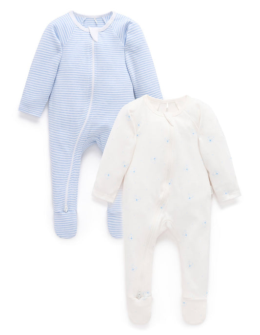 Purebaby - 2 Pack Bear Zip Growsuit - Pale Blue