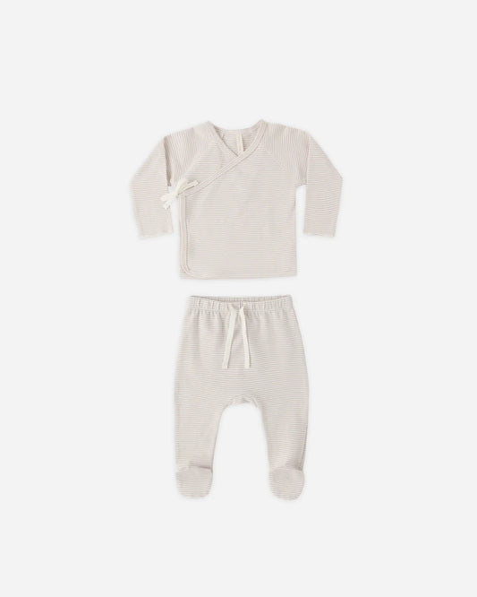 Quincy Mae - Wrap Top + Footed Pant Set - Oat Micro Stripe