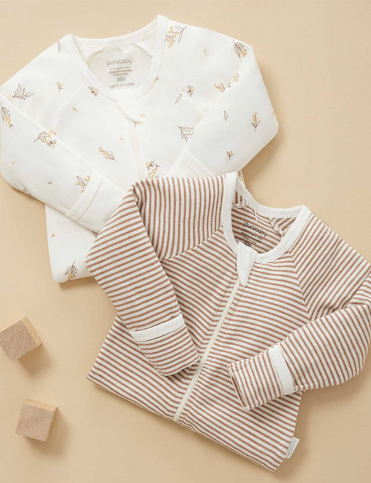 Purebaby - 2 Pack Zip Growsuit - Vanilla Wattle Bee
